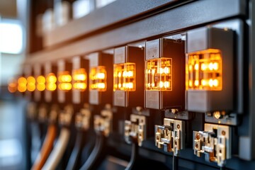 Industrial control panel with illuminated switches and connectors showcasing modern technology and electrical engineering innovation concept