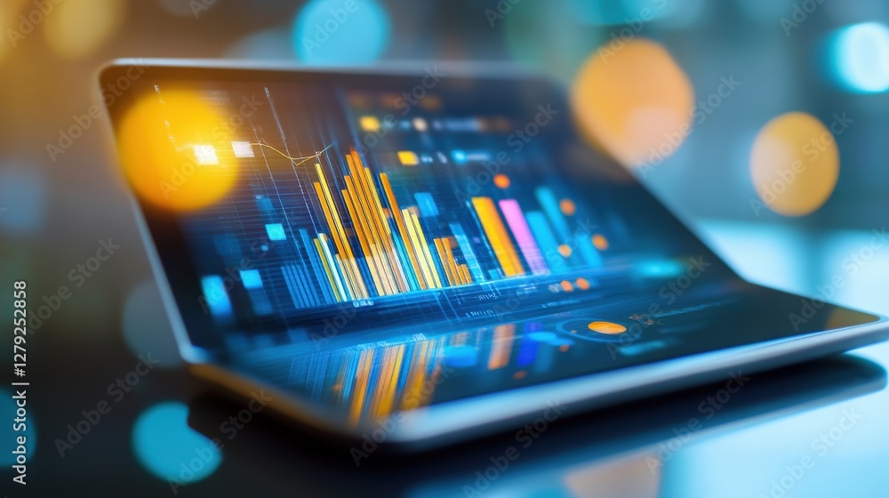 Poster vibrant data visualization displayed on a sleek laptop in a modern office setting with blurred light