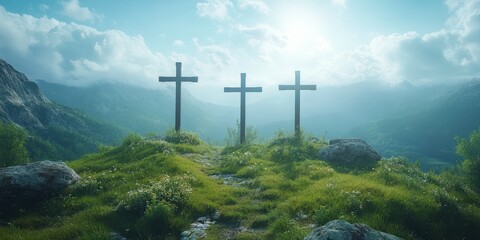 Naklejka premium Three wooden crosses stand on grassy hilltop surrounded by majestic mountains under a bright sky