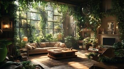 Fototapeta premium Bright, Sunny Living Room Filled With Lush Green Plants Creates a Tranquil Atmosphere During the Golden Hours of the Day