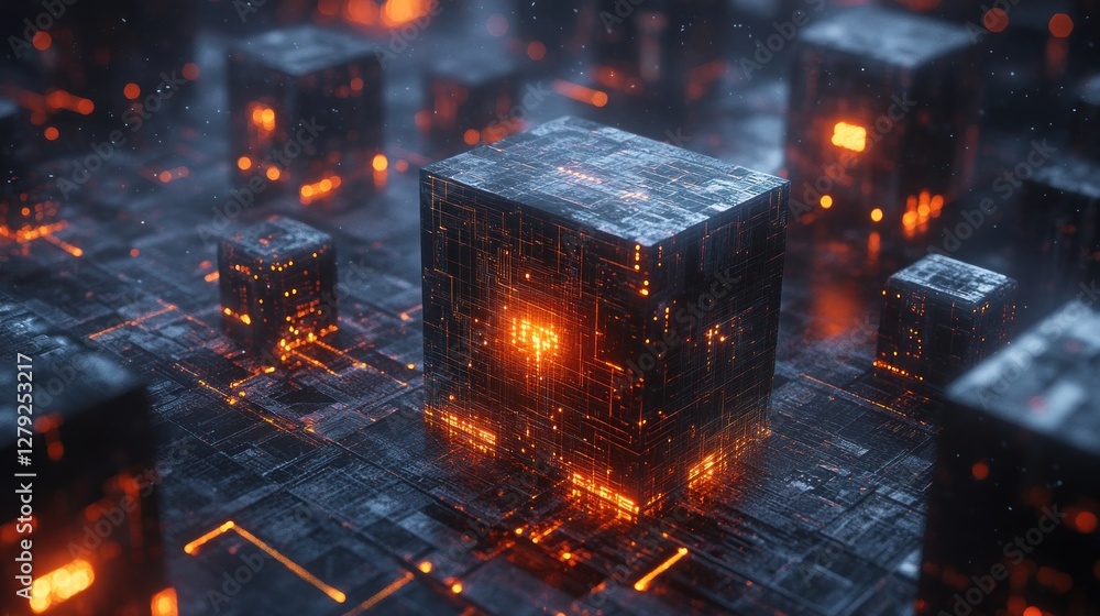 Poster illuminated cubes within a futuristic digital network