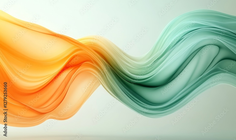 Poster abstract silky green and orange waves design with smooth curves and soft shadows on clean modern bac