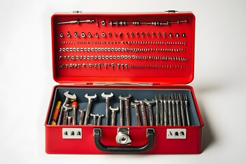 Obraz premium Open Red Toolbox Revealing a Silver Tool Assortment Placed on a Seamless White Background