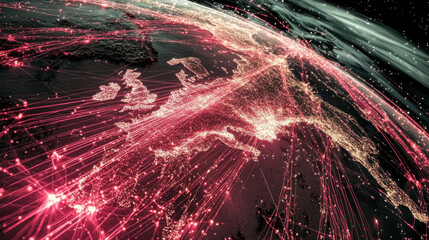 A striking digital representation of Europe, showcasing vibrant red network connections against a dark backdrop.