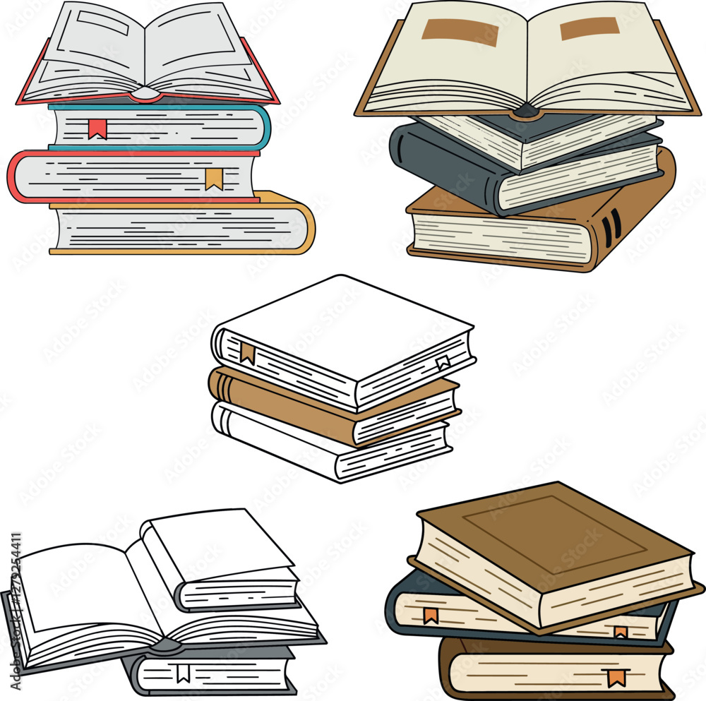Poster stacked books in various orientations featuring colorful covers and spines in a minimal flat design 