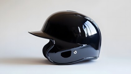 Black glossy baseball helmet sits on an off white surface