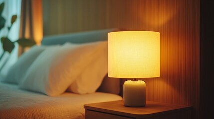 Cozy Bedroom With Warm Lighting From a Stylish Lamp on a Bedside Table Near a Window With Sheer Curtains in a Tranquil Setting