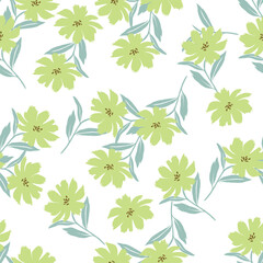 Fototapeta premium Seamless floral pattern, liberty ditsy print with gently tiny flowers. Cute botanical design, pretty ornament: hand drawn plants, simple small flowers, tiny flowers on a light pink background. Vector