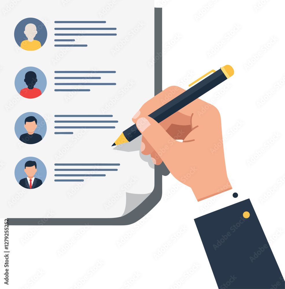 Poster a hand holding a pen writing on a document featuring various user profiles in a flat design vector i