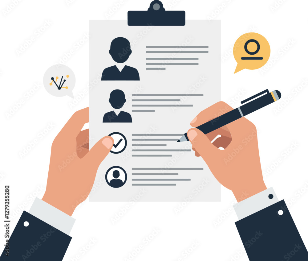 Aufkleber hands holding a clipboard with resumes while checking details with a pen in a flat design vector ill