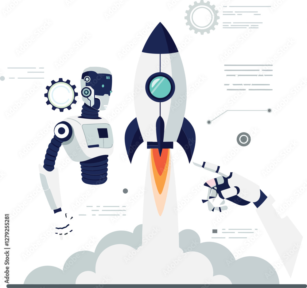 Poster robot and rocket launching into space with detailed flat design elements in a futuristic setting, sh