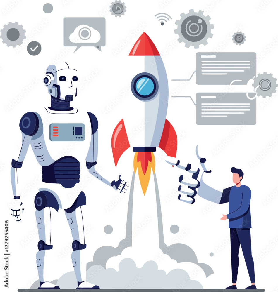 Poster robot and human collaborating in a futuristic setting with a rocket launch, flat vector illustration