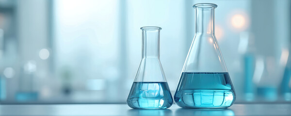 Two glass beakers with blue solution in lab. Clear transparent liquid in laboratory glassware for medical research. Scientific analysis, experiments, biotech development, pharmaceutical innovation.