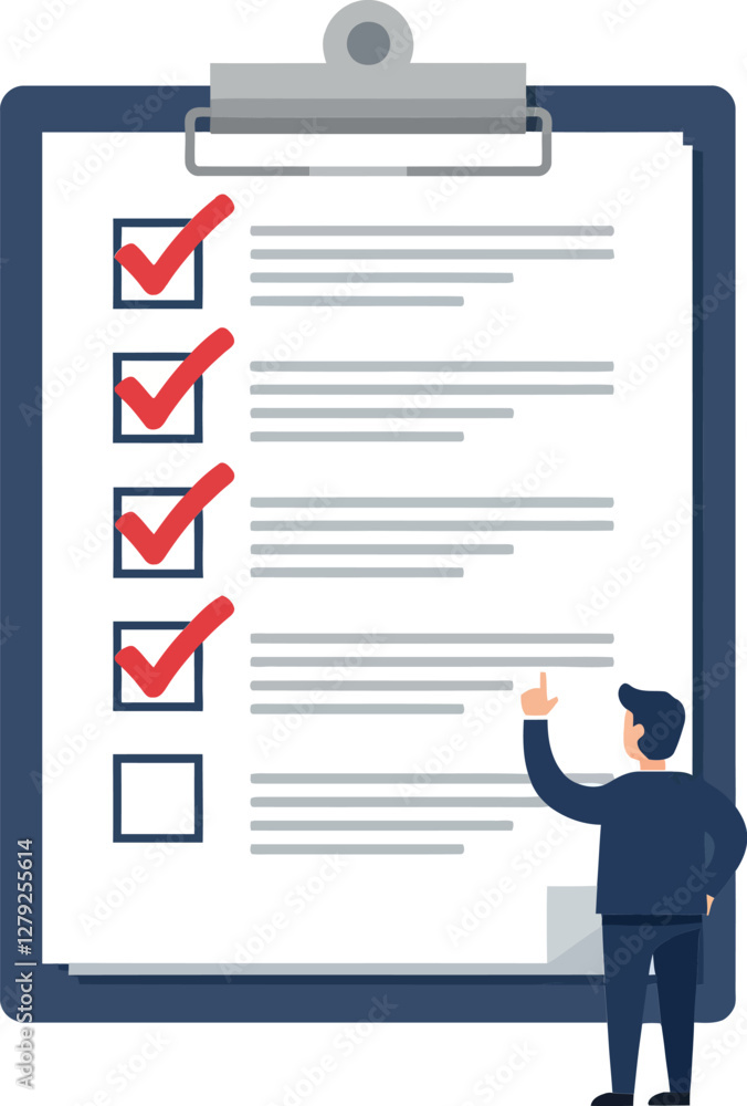 Poster a businessman reviewing a checklist on a clipboard in a flat design style showcasing focus and organ