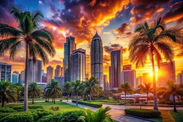 Sunset Cityscape: Modern Skyscrapers, Palm Trees, Urban Oasis, Night City Glow