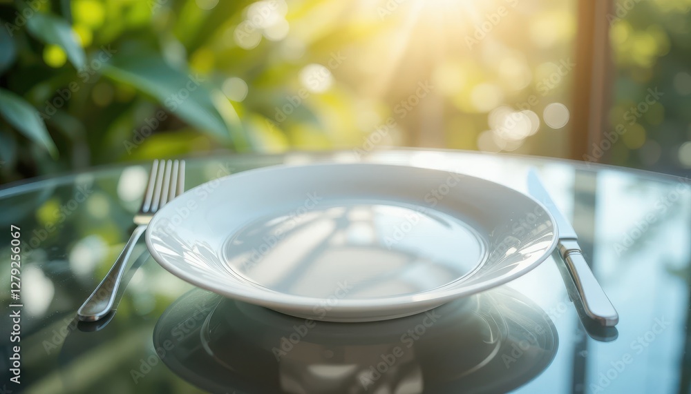 Poster elegant dinner setting with empty plate and silverware in natural light