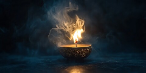 Burning Candle in Decorative Bowl, Smoky Background