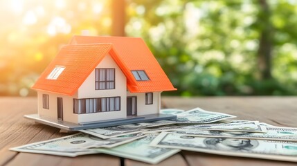 Model House with Orange Roof on Dollar Bills with a Blurred Green Bokeh Background