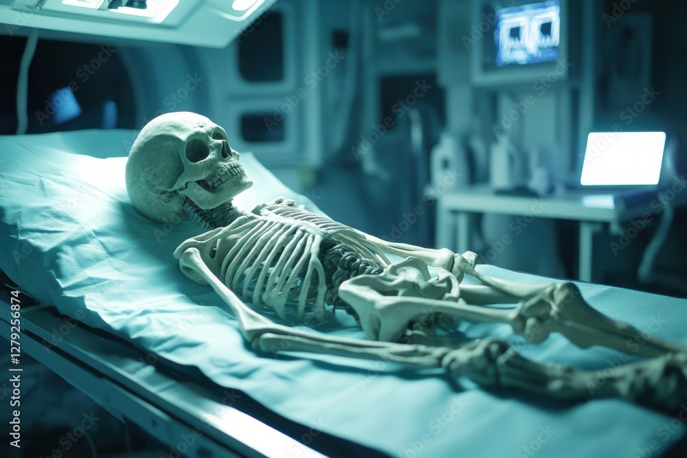 Poster medical skeleton model displayed on examination table in a laboratory setting during nighttime