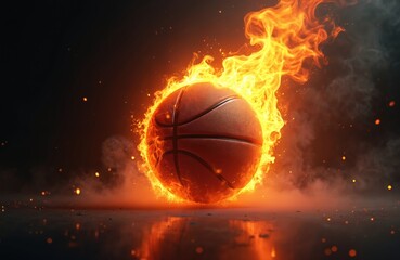 Fototapeta premium Dramatic close-up of basketball engulfed in flames against black background. Fiery CGI effects create intense heat, power. Burning ball design element for sports, competition or inferno themes.