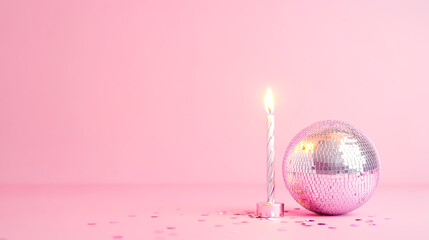 Shiny disco ball and lit candle on a soft pastel pink background, creating a minimalist and modern party vibe