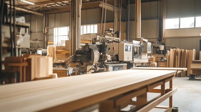 Woodworking Machine in Factory Manufacturing Wooden Boards and Furniture