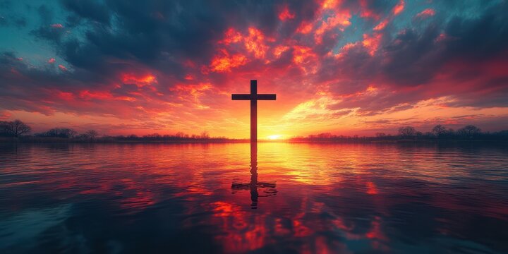 Sunset over calm water with a cross silhouetted against vibrant clouds and warm hues