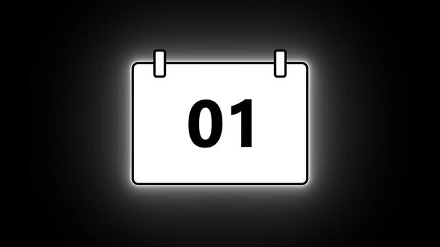 Minimal Calendar animation. Date 01 on black background,  10s loop. clean UI motion graphics. High- Quality video for events, Reminders, and Digital Signage.