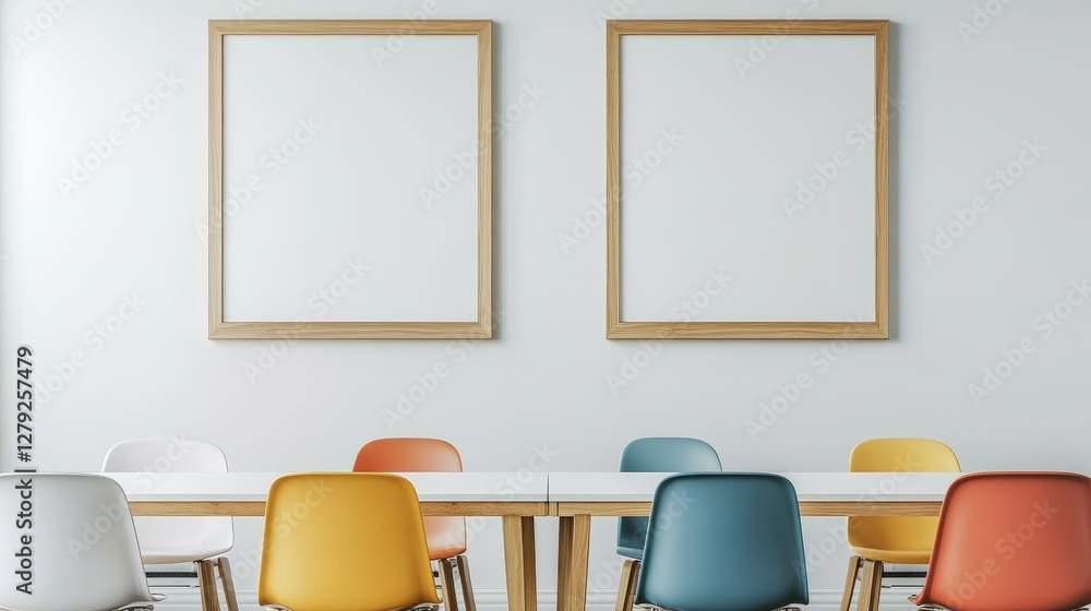 Poster modern meeting space with colorful chairs and empty frames on white wall for creative brainstorming 