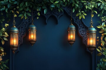 Obraz premium glowing lanterns hanging at sides on the navy blue wall with a carved arch and green leaves with flowers botanical, Ramadan Islamic background design, copy space at center concept.