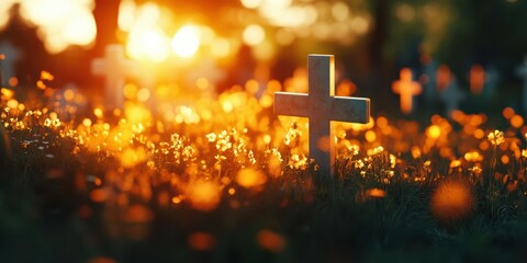 Sunset illuminating white crosses in a cemetery surrounded by blooming flowers