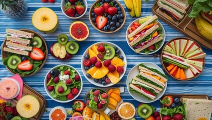 Healthy breakfast spread with fruits, berries, and sandwiches on a wooden table
