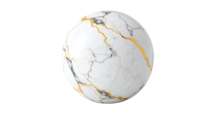 A perfect sphere of elegant white marble elegantly adorned with shimmering gold veins, a timeless symbol of luxury and sophistication against a stark black background.