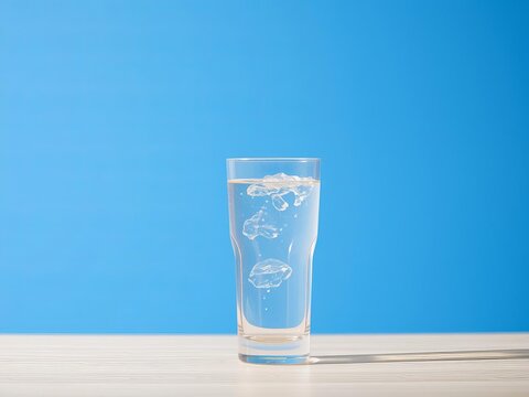 Crystal clear water in a glass bottle and glass on a blue background, promoting beauty and health, water balance, thirst relief, and summer refreshment, beauty, glass, thirst