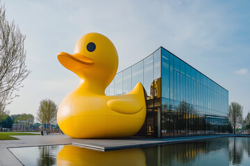 Large yellow duck art sculpture next to modern glass building reflected in the water. A playful, whimsical public art installation.