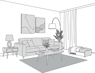 Fototapeta premium Cozy living room scene featuring a modern sofa, stylish decor, and minimalistic design in flat vector art