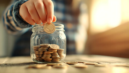 Child saving coins in glass jar, sunny home background, teaching kids financial literacy, useful for financial education websites