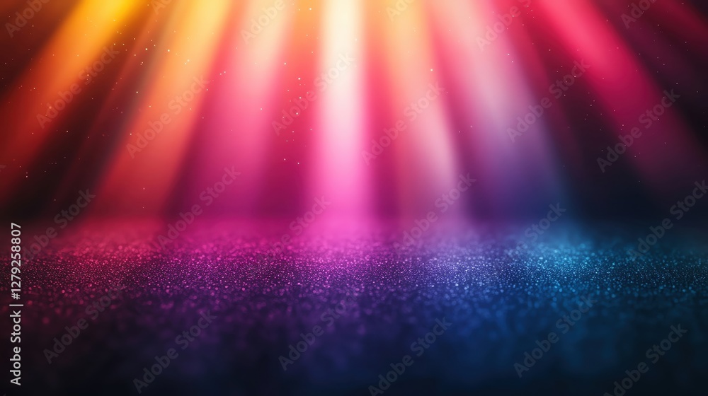 Poster vibrant light rays illuminate a dark surface, creating a colorful and dynamic atmosphere.