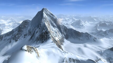 Snowy Mountain Peak Under a Clear Blue Sky with Vast White Expanses During the Winter Season