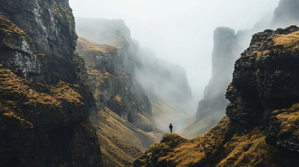 A solitary figure stands atop a mountain valley viewing landscape