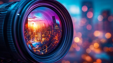 Artistic and creative view of lens glowing with bright multicolored bokeh