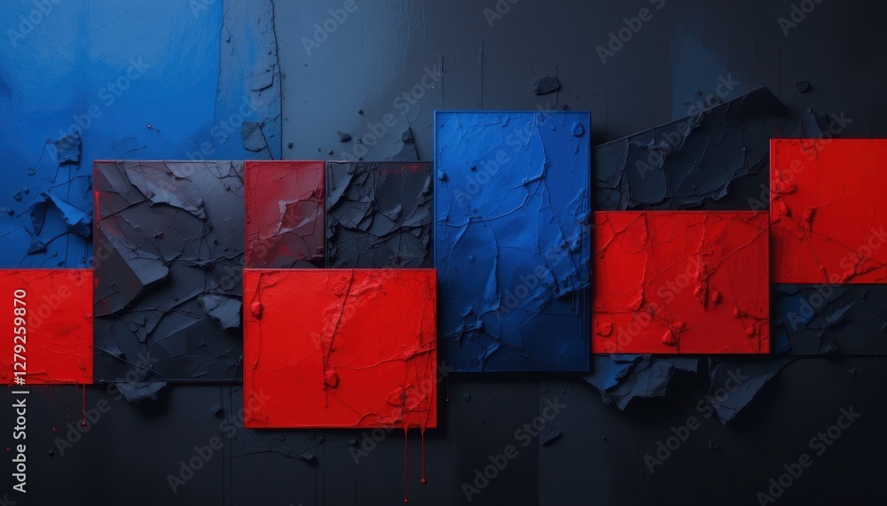 Poster textured abstract composition with red and blue color blocks