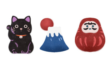 super cute Japan travel theme icons hand-drawn cultural trendy minimalist Japanese aesthetic illustration set new year traditional decoration celebration ornaments fortune cat mount fuji daruma      