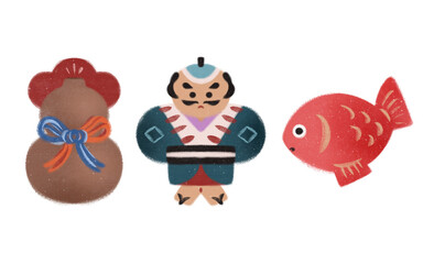 super cute Japan travel theme icons hand-drawn cultural trendy minimalist Japanese aesthetic illustration set new year traditional decoration celebration ornaments gourd man kite sea bream     