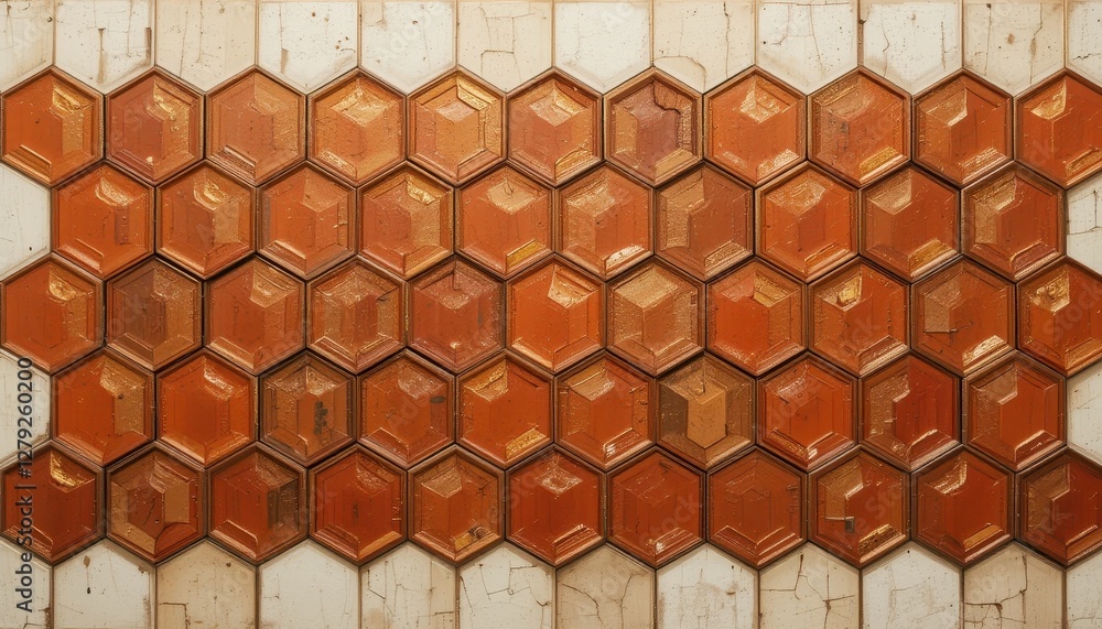 Poster unique hexagonal tiles with textured orange and beige patterns