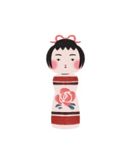 super cute Japan travel theme icons hand-drawn cultural trendy minimalist Japanese aesthetic illustration set new year traditional decoration celebration ornaments gifts foods Kokeshi wooden dolls  
