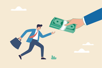 Getting paid, salary, wages payment or bonus, reward or employee benefits, tax refund or investment profit earning, loan or mortgage concept, business man hand giving money banknote to happy employee.