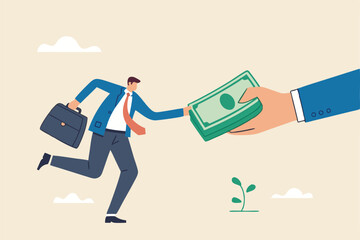 Getting paid, salary, wages payment or bonus, reward or employee benefits, tax refund or investment profit earning, loan or mortgage concept, business man hand giving money banknote to happy employee.