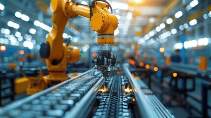 Automated robotic arm working in a modern factory, precisely welding or assembling components on a conveyor belt.  Close-up view of the robotic arm in action within a high-tech manufacturing 