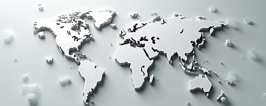 Abstract world map background features white continents, cubes, gears. Image global networks, tech, innovation, intricate connections. Visual element represents engineering, digital structure,